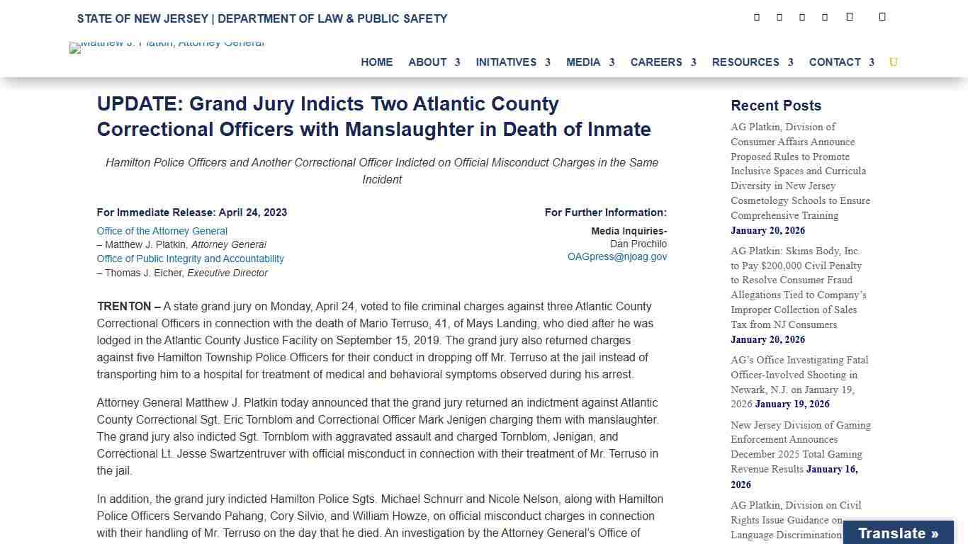UPDATE: Grand Jury Indicts Two Atlantic County Correctional Officers with Manslaughter in Death of Inmate - New Jersey Office of Attorney General